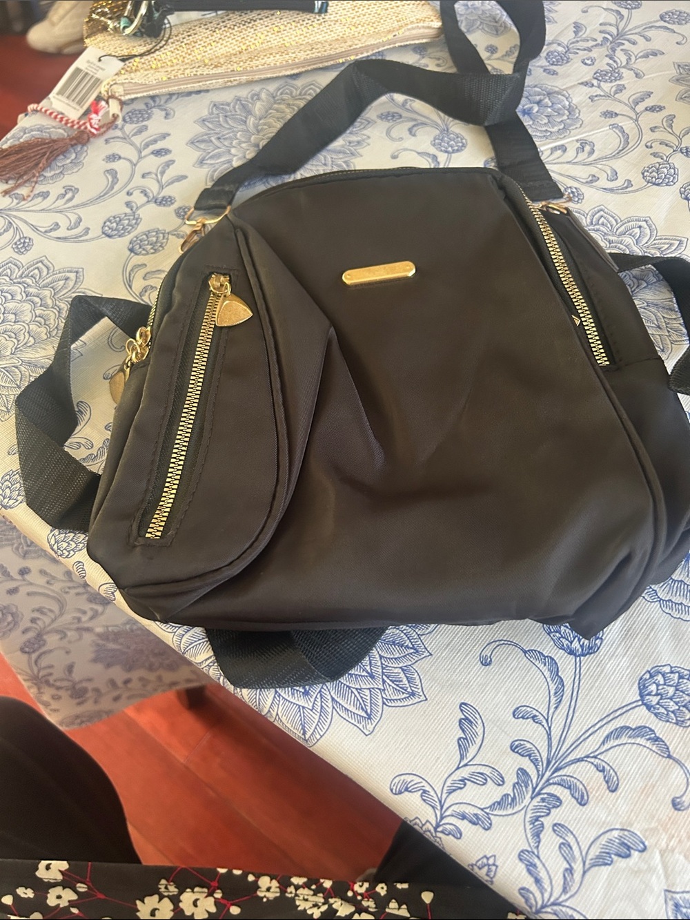 Black Nylon Crossbody Backpack with Gold Hardware